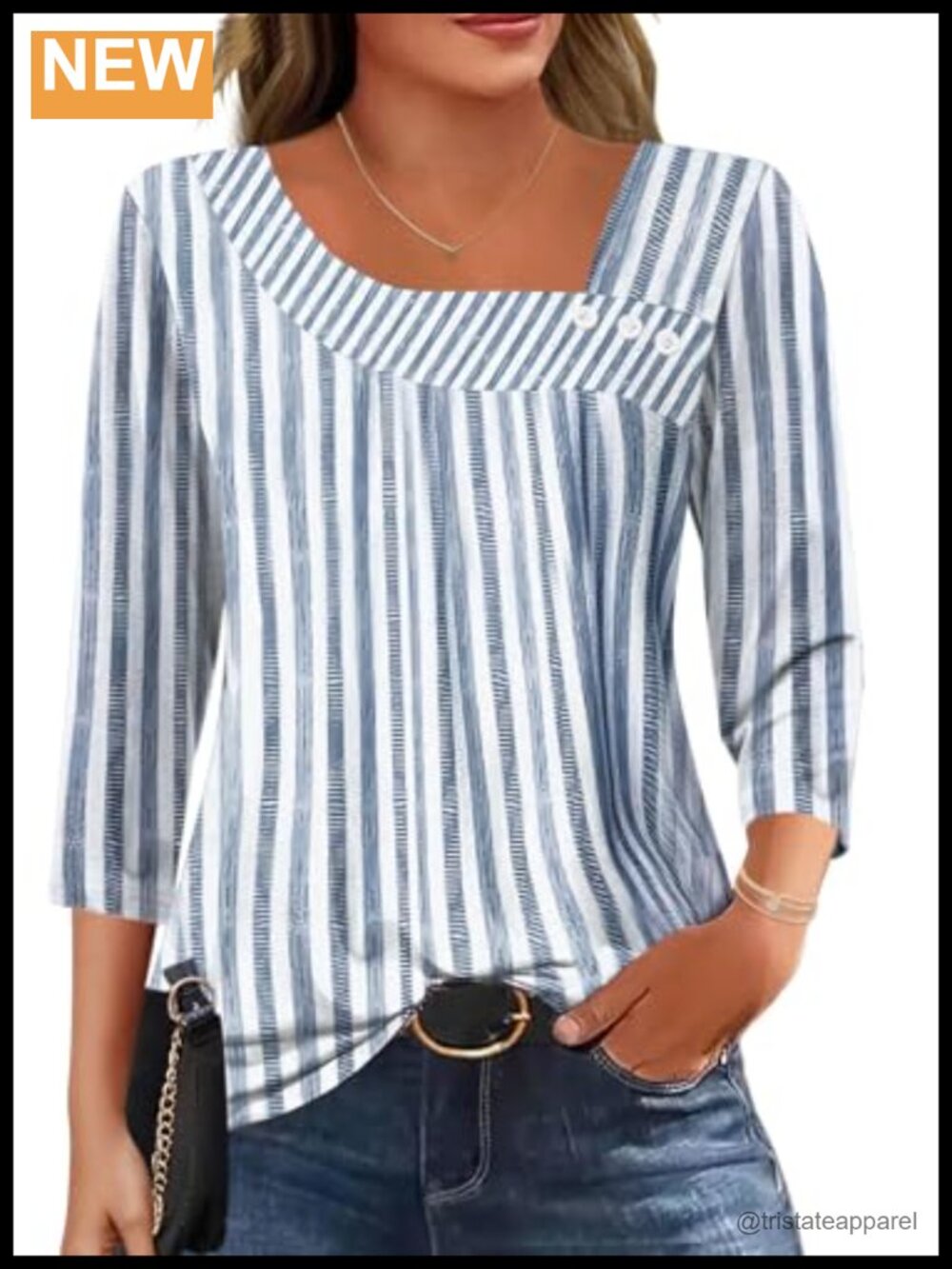 Women's 3/4 Sleeve Asymmetrical Neck Business Blouse Button Front Top